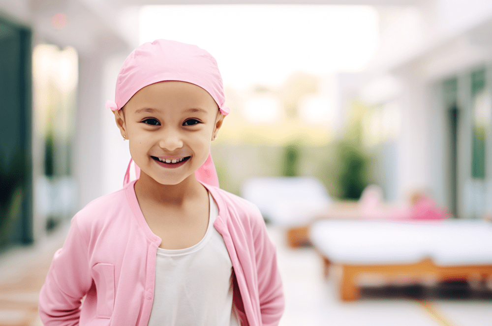 A young girl in pink is smiling for the camera.