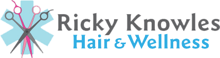 A black background with the words lucky kitty hair & wig shop in blue.